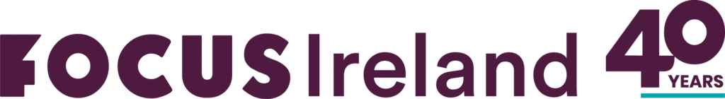 Purple logo for Focus Ireland, celebrating 40 years of support for charity Christmas cards in Ireland