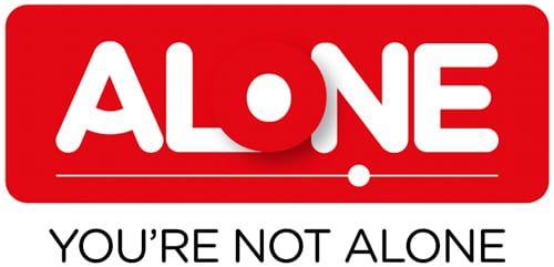 Red logo with the word "ALONE" in bold white letters, and the phrase "YOU'RE NOT ALONE" in black below it