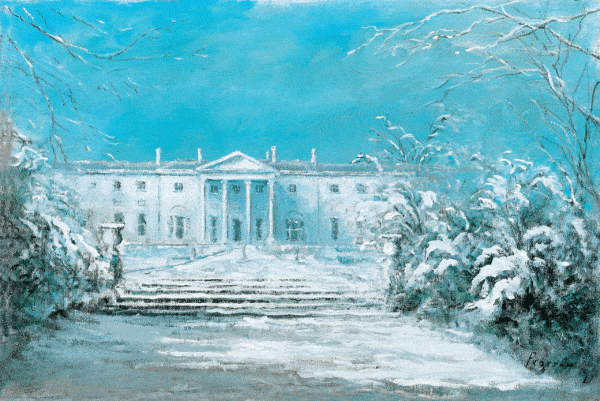 Snow-covered steps lead to Áras an Uachtaráin, framed by frosty trees under a bright blue sky, evoking a winter scene