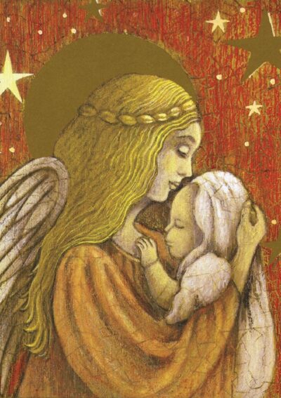 An angel with long, golden hair embraces a child, both surrounded by a starry background in warm colors