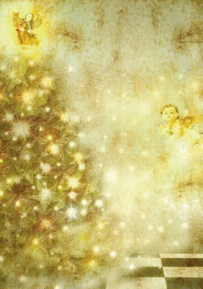 A shimmering golden Christmas tree with an angel at the top and a cherub nearby, creating a festive atmosphere