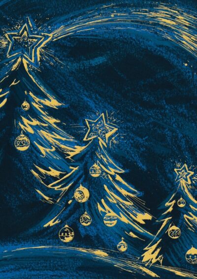 Two stylized Christmas trees with star tops and ornaments, set against a deep blue night sky, for a Christmas card design
