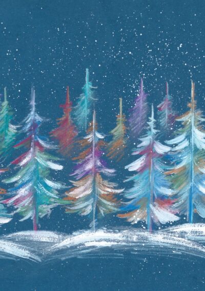Colorful trees in shades of green, blue, and pink against a dark blue background with falling snowflakes, ideal for a Coloure