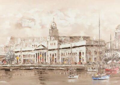 Custom House on the Liffey depicted in soft colors, with boats in the foreground and a cloudy sky above