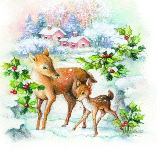 Two deer stand in a snowy landscape, surrounded by holly and a backdrop of pink houses and trees, evoking a festive scene