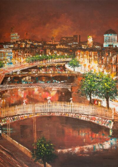 Vibrant painting of Dublin’s bridges at night, featuring illuminated buildings, trees, and reflections in the water