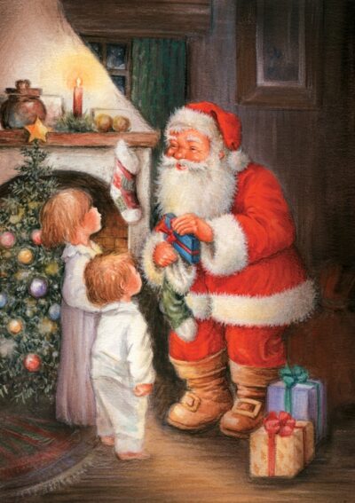 Father Christmas in a red suit hands a gift to two children by a decorated Christmas tree and a cozy fireplace