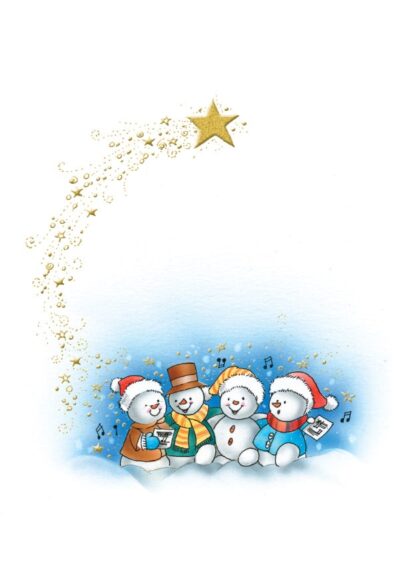 Four cheerful snowmen in winter hats sing together under a golden star, surrounded by musical notes and sparkles