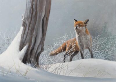 A fox stands in a snowy landscape, near a tree, surrounded by frosty branches and soft falling snowflakes