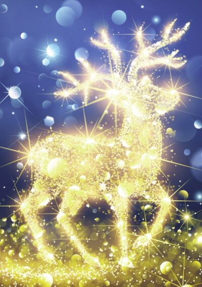 A shimmering golden reindeer surrounded by sparkling lights and soft blue and gold bokeh, perfect for a Christmas card