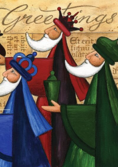Three bearded figures in colorful robes and crowns, holding gifts, with "Greetings" text in the background