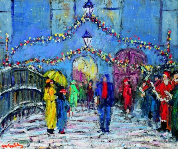 Colorful scene of Ha'penny Bridge at night, with people in vibrant clothing and festive decorations under lanterns