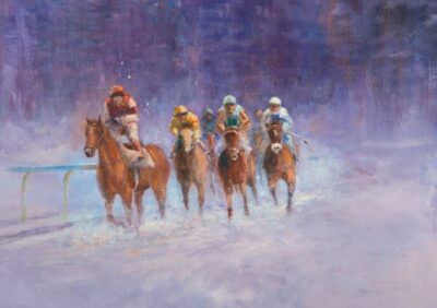 Six horses race through deep snow, jockeys in colorful silks, with a snowy landscape and trees in the background
