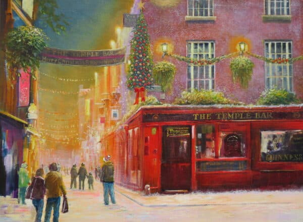 Snowy street scene in Temple Bar, Dublin, featuring a festive pub adorned with Christmas decorations and lights