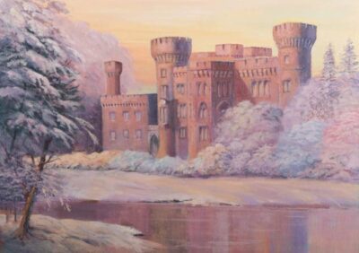 Snow-covered Johnstown Castle stands majestically by a serene lake, surrounded by pastel-colored trees at sunset