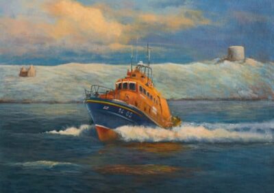 An orange lifeboat speeds through water near Dalkey Island, with a snowy landscape and a distant tower in the background