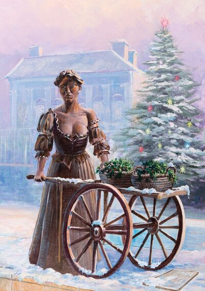 A woman in a brown dress stands beside a cart with plants, a snowy street, and a decorated Christmas tree in the background