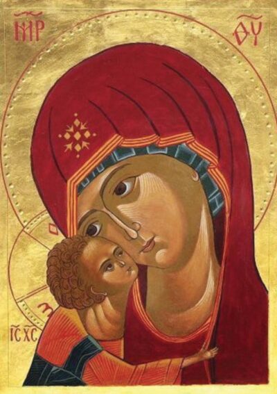 Icon depicting the Mother of God of Tenderness embracing the Christ child, set against a gold background