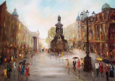 Bustling O’Connell Street, Dublin, with people in colorful attire and umbrellas, historic buildings, and a statue centerpiece