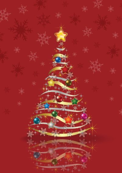 A festive red Christmas tree adorned with colorful ornaments and snowflakes against a deep red background, reflecting below