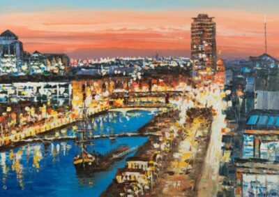 Vibrant painting of the River Liffey at sunset, with city lights reflecting on the water and a ship in the foreground