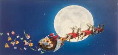 Santa in a sleigh filled with gifts, flying through a starry night sky with reindeer against a large full moon