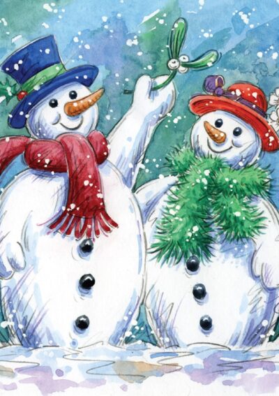 Two cheerful snowmen in colorful hats and scarves hold mistletoe, surrounded by falling snowflakes in a winter scene