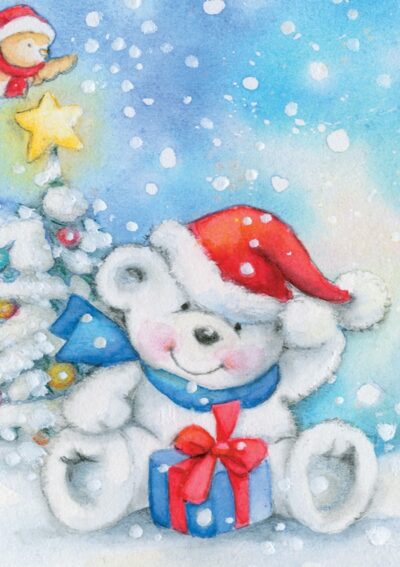 A cheerful teddy bear in a Santa hat sits beside a decorated Christmas tree, surrounded by falling snowflakes and a gift