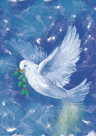 A white dove holding a sprig of holly flies against a textured blue background, symbolizing peace for The Dove Christmas Card
