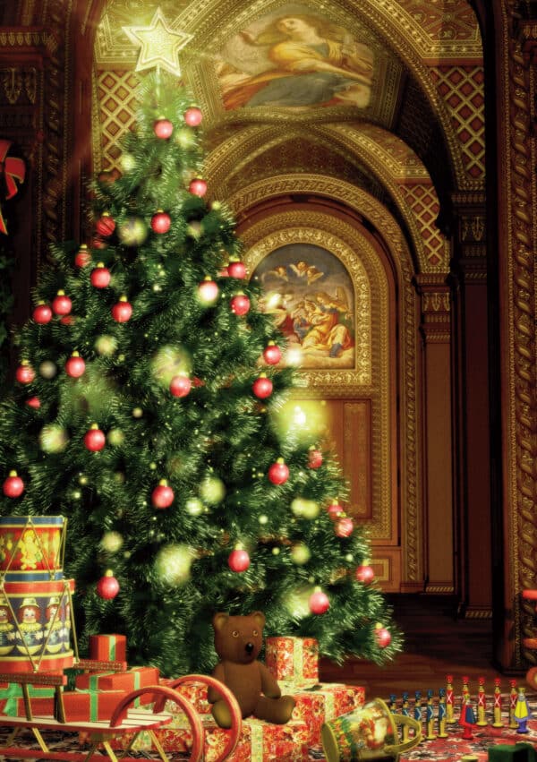 A decorated Christmas tree with pink ornaments, a teddy bear, and wrapped gifts in a festive room setting