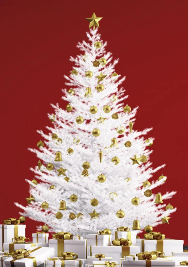 A white Christmas tree adorned with gold ornaments and a star on top, surrounded by white gift boxes with gold ribbons