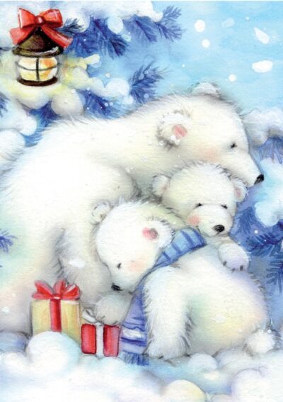 Three polar bears cuddle together in snow, surrounded by gifts and a lantern, creating a cozy Christmas scene
