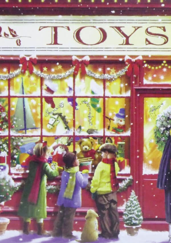 Children admire a festive toy store window decorated with Christmas items and a teddy bear, surrounded by snow