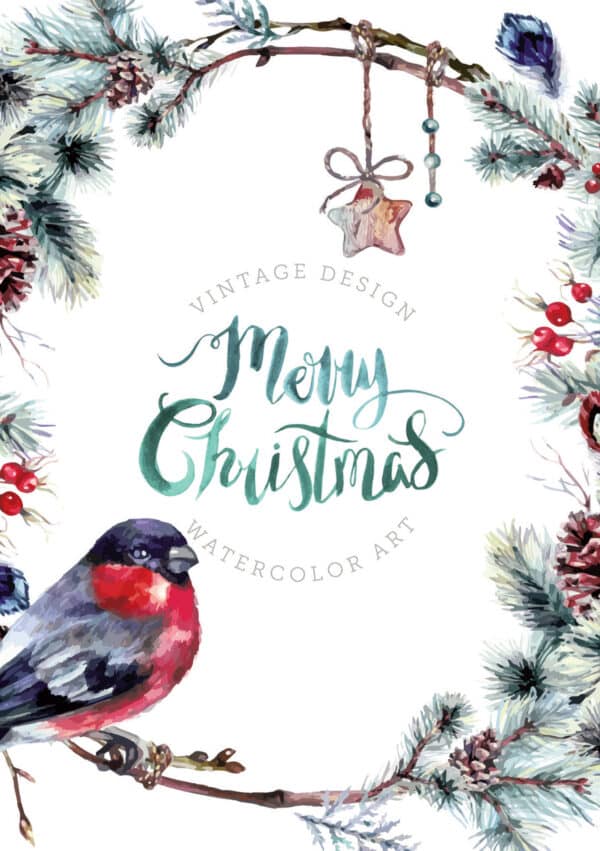 A vintage-style Christmas card featuring a robin, pine branches, and festive decorations with "Merry Christmas" in elegant sc