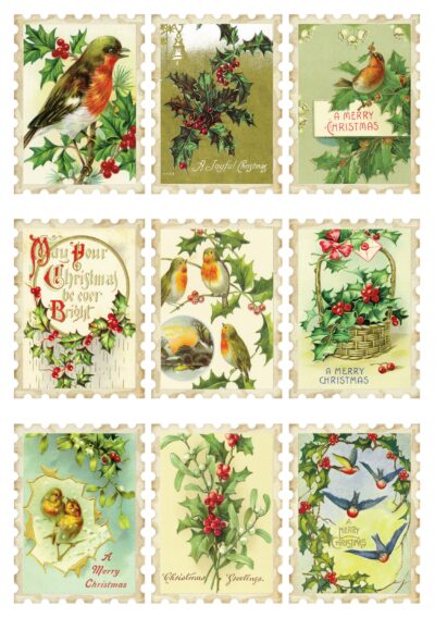 Nine vintage stamps featuring birds, holly, and festive messages like "A Merry Christmas" and "Christmas Greetings"