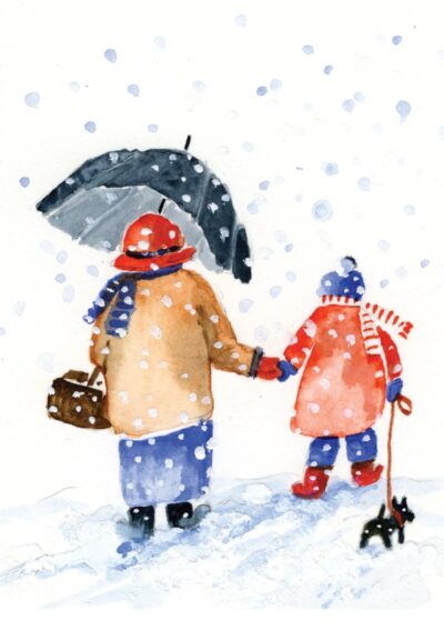 Two figures in winter clothing hold hands under an umbrella, walking through falling snow with a small dog beside them