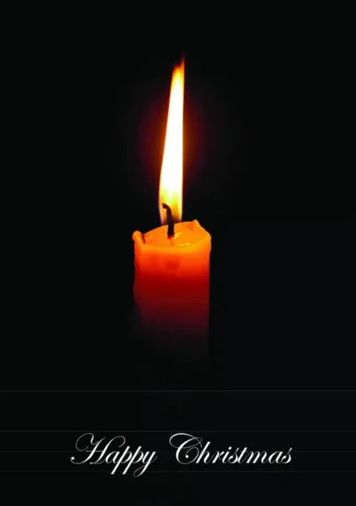 A lit orange candle against a black background with the text "Happy Christmas" below it, evoking a warm holiday feel