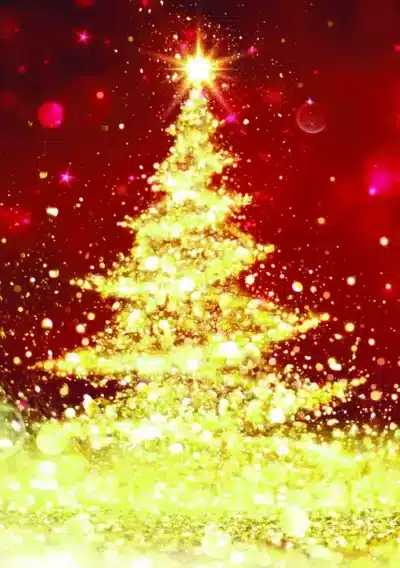 A shimmering golden Christmas tree sparkles against a vibrant red background, adorned with glowing lights and festive bokeh