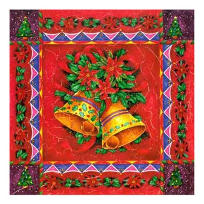 Two golden bells adorned with flowers and greenery, framed by a colorful festive border, perfect for a Christmas Bells Christ