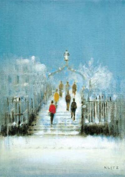Snowy scene of Ha'penny Bridge with people walking up steps, framed by trees and a blue sky above