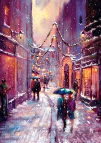 Snowy street scene with festive lights, couples under umbrellas, and a musician playing guitar, evoking a cozy holiday vibe