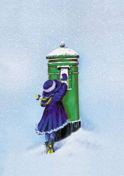 Child in a purple coat and hat posting a letter into a green mailbox, surrounded by snowflakes in a winter scene