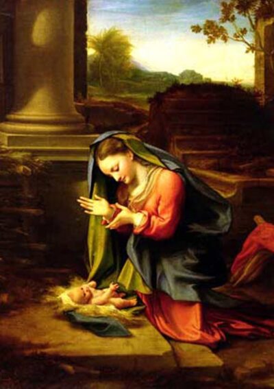 Mary kneels in prayer beside the infant Jesus, surrounded by soft colors and a serene landscape, perfect for a Christmas card