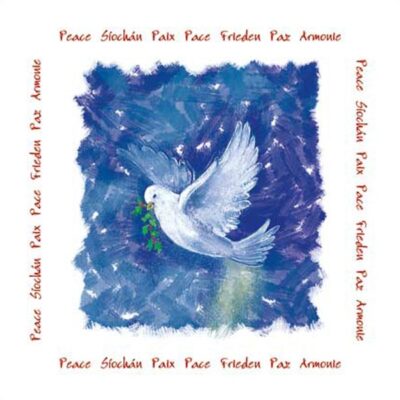 A white dove holds a green olive branch against a blue background, surrounded by the word "Peace" in multiple languages