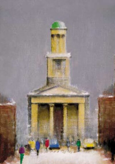 Yellow building with a green dome, surrounded by people in colorful clothing and cars on a snowy street