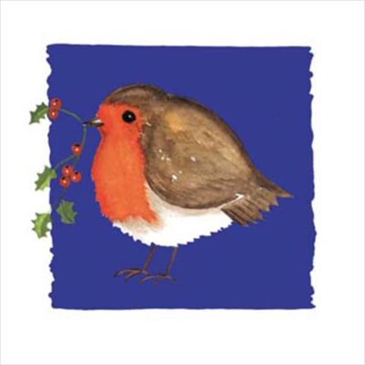 A robin with a red breast holds holly berries against a blue background, perfect for a Robin Red Breast Christmas Card