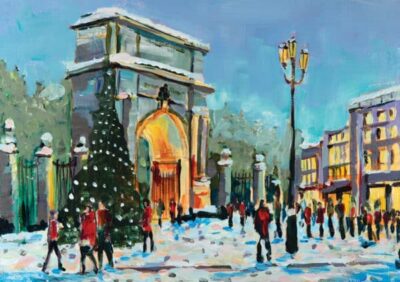 Snow-covered Fusiliers' Arch with a decorated Christmas tree, surrounded by people in winter attire and festive buildings