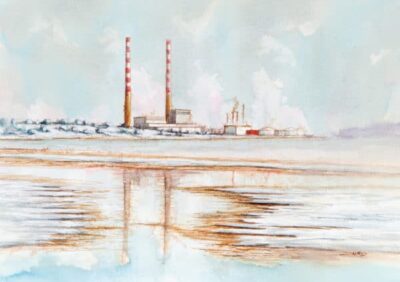 Watercolor depiction of the Poolbeg Chimneys, reflecting in calm waters under a light blue sky, evoking a serene atmosphere