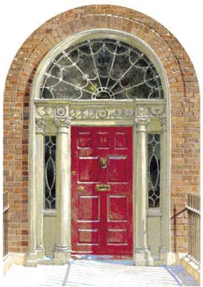 Red Georgian door with decorative columns and arched window, framed by brick wall and iron railing on the side